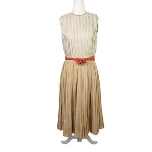 Vintage 50s Tan Pleated Sleeveless A-Line Midi Dress S/M